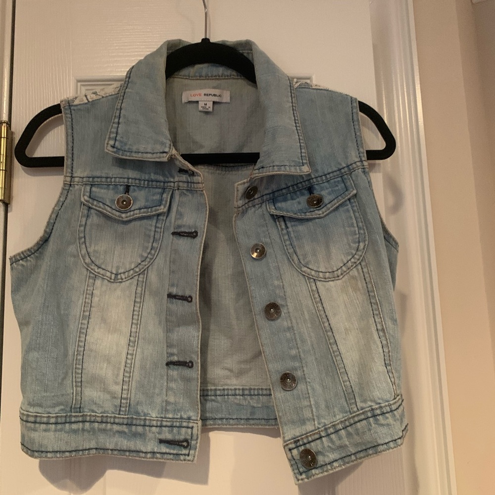 Cropped Jean Vest with Lace Detail